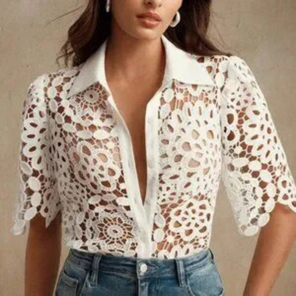 white chic womens Elegant Floral Hollow-Out Lace Blouse
